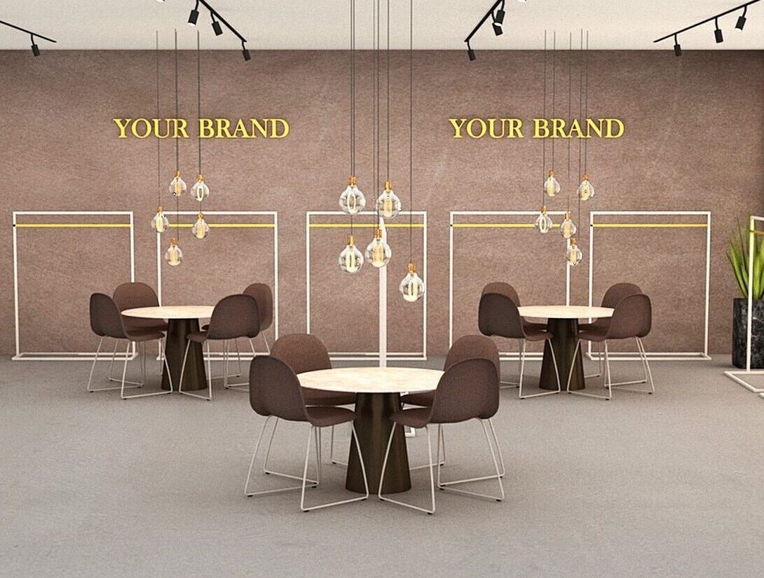Showroom Hvid indretningsforslag af showroom med hvide stativer med messing